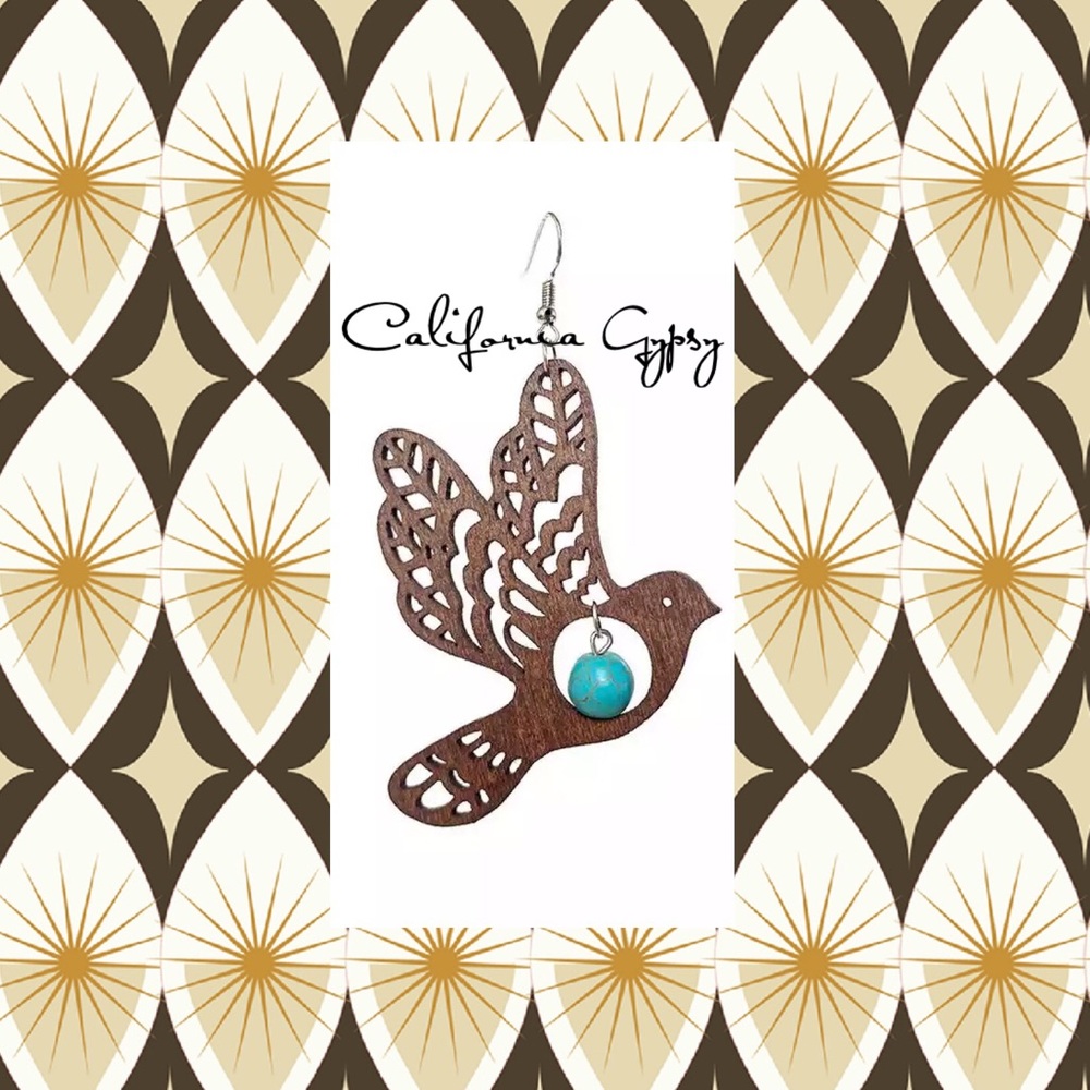 Turquoise Tooled Wood Bird Earrings - Picture 2 of 7